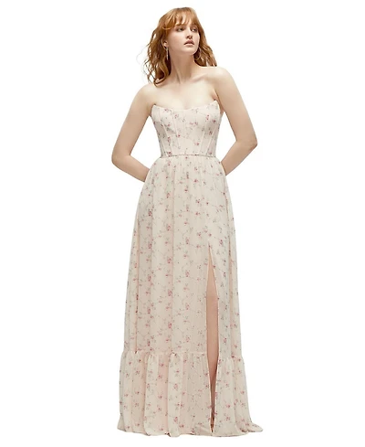 Dessy Collection Strapless Cat-Eye Corset Maxi Dress with Ruffle Hem A-Line Skirt