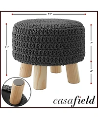 Hand-Knitted Cotton Pouf Ottoman Footstool, 13" Round x 11" High, Boho Accent Footrest with Non-Skid Legs, Foot Stool and Extra Seating