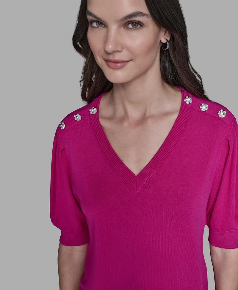 Karl Lagerfeld Paris Women's V-Neck Button Detail Sweater