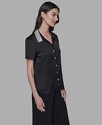 Karl Lagerfeld Paris Women's Collar Embellished Short Sleeve Top