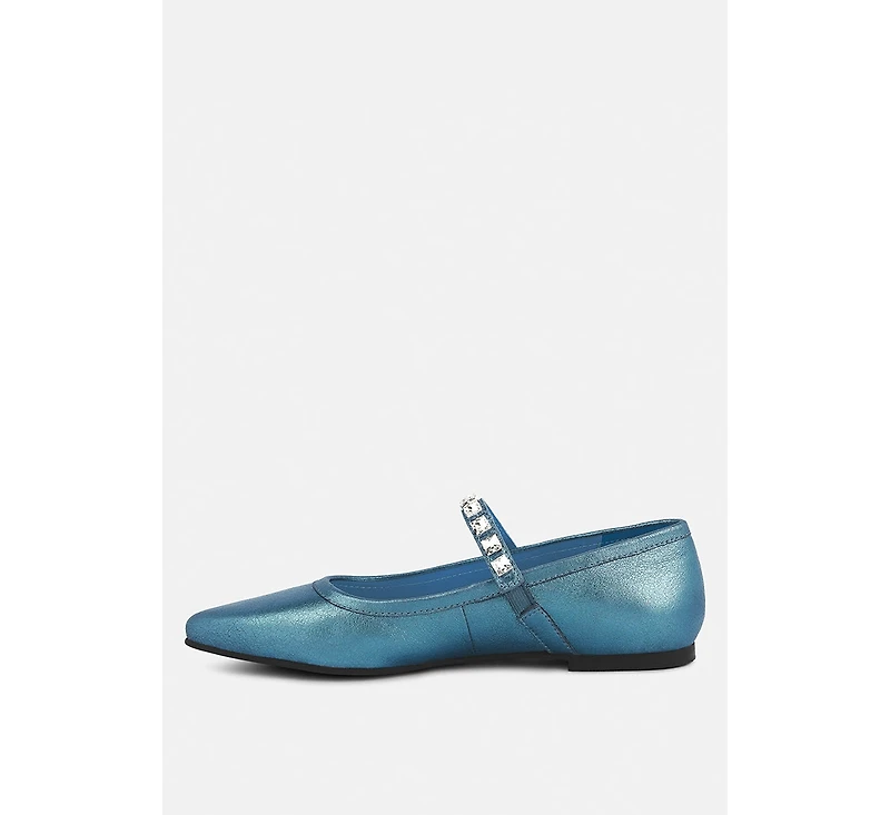 Alverno Womens Metallic Diamante Mary Jane Leather Flats
