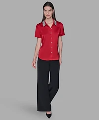 Karl Lagerfeld Paris Women's Collar Embellished Short Sleeve Top