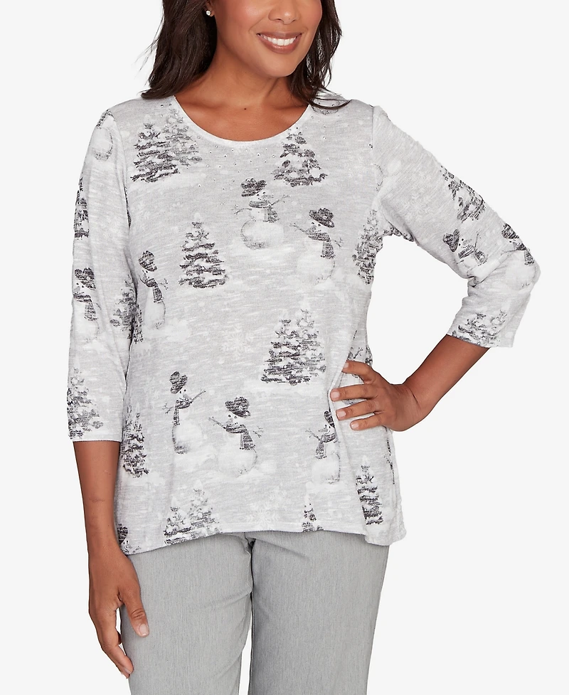 Alfred Dunner Stockbridge Playful Snowmen Scene Knit Top