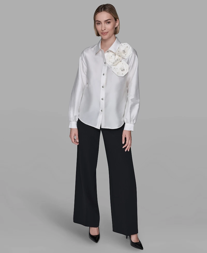 Karl Lagerfeld Paris Women's Collar Rose Applique Detail Top