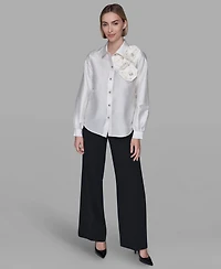 Karl Lagerfeld Paris Women's Collar Rose Applique Detail Top