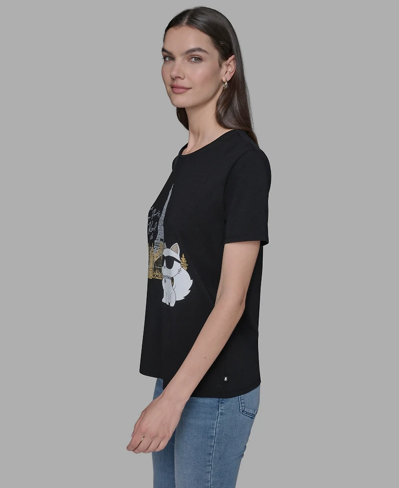 Karl Lagerfeld Paris Women's Crewneck Choupette Embellished T-Shirt