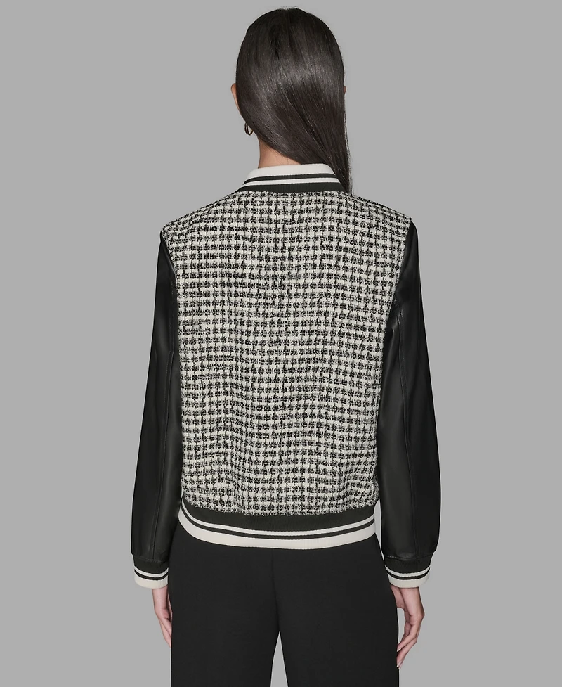 Karl Lagerfeld Paris Women's Collar Neck Mixed Media Jacket