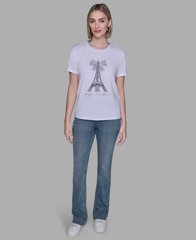 Karl Lagerfeld Paris Women's Crewneck Embellished Bow Eiffel Tower T-Shirt