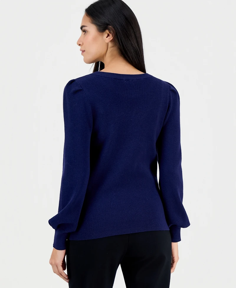 Anne Klein Essentials Petite Puff-Sleeve Crewneck Sweater