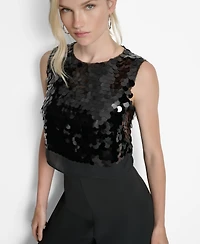 Dkny Women's Sleeveless Sequin Overlay Wide Leg Ankle Jumpsuit