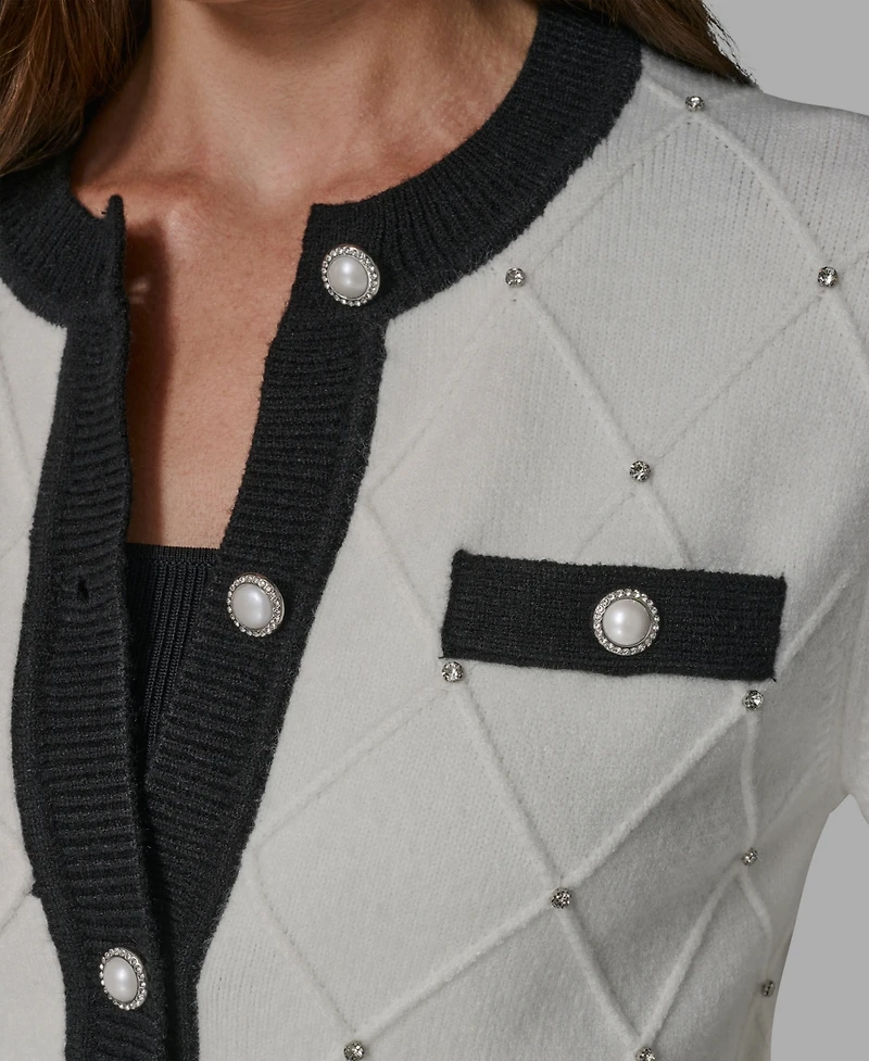 Karl Lagerfeld Paris Women's Crew Neck Front-Button Cardigan Sweater