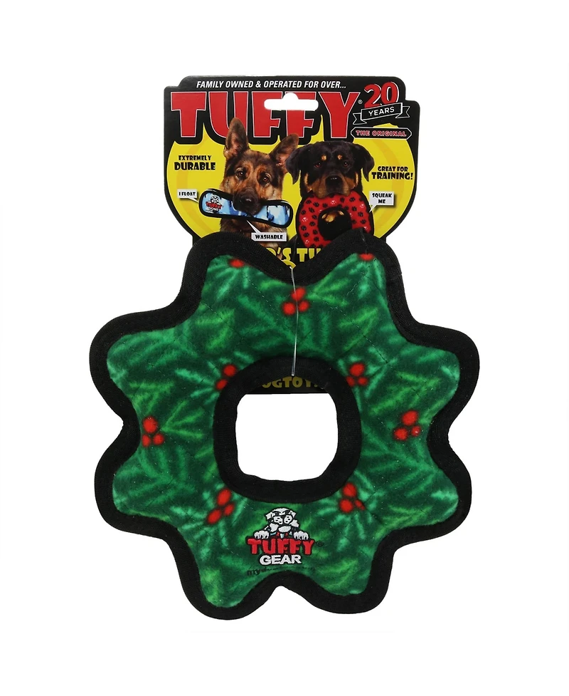 Tuffy Holiday Medium Gear Ring Wreath, Durable Plush Squeaky Dog Toy