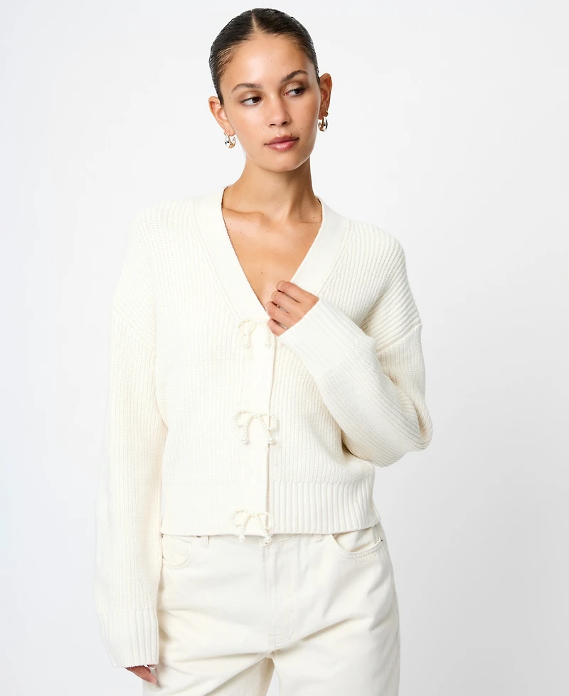 Fcuk Women's Babysoft Knit V-Neck Embellished Bow Cardigan Sweater