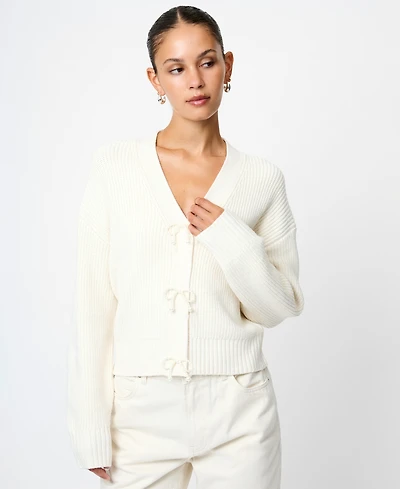 Fcuk Women's Babysoft Knit V-Neck Embellished Bow Cardigan Sweater