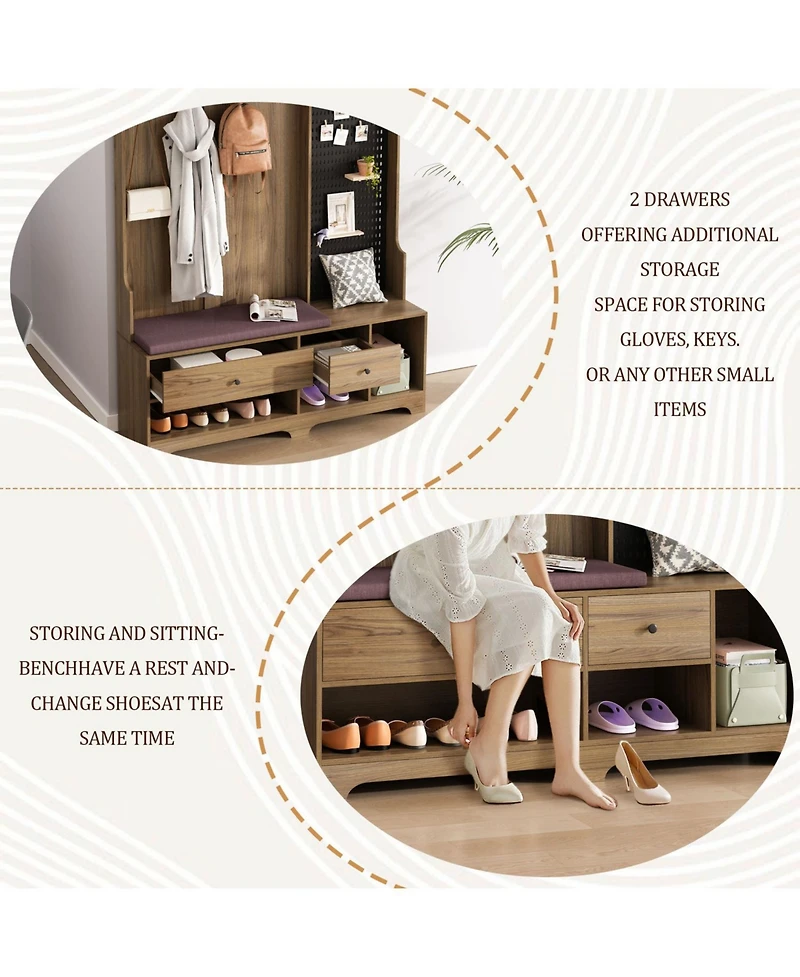 Streamdale Furniture Multi-Purpose Hall Tree Bench, Coat Rack, Shelves, Pegboard