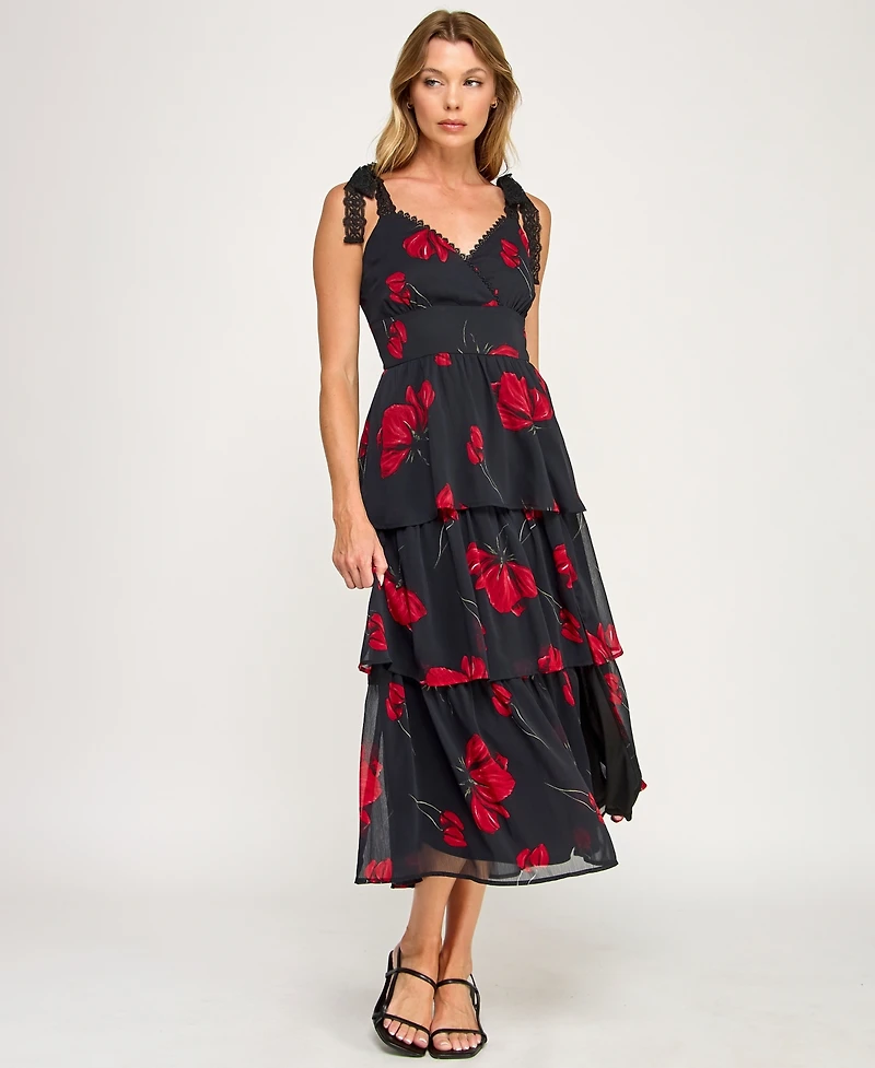 Row A Juniors' Sleeveless Tiered Floral Midi Dress