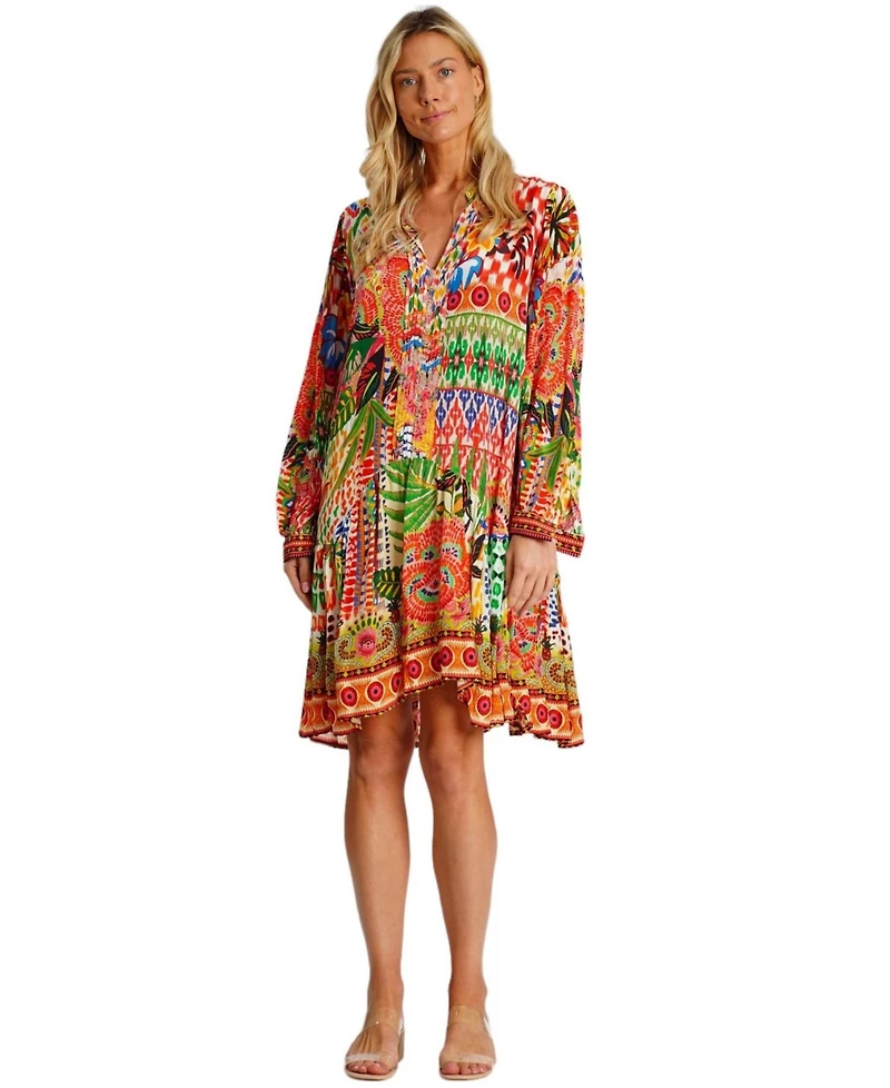 La Moda Clothing Women's Knee-Length Printed Dress with Long Sleeves and Flowy Skirt