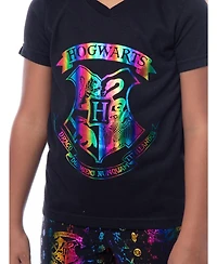 Harry Potter Girls Rainbow Foil Hogwarts Crest 2PC Lounge Pajama Jogger Pant Set Sleepwear