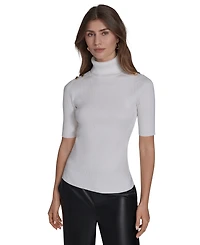 Halston Women's Ribbed 3/4-Sleeve Turtle Neck Top