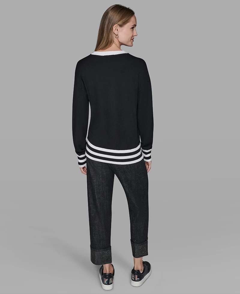 Karl Lagerfeld Paris Women's Crewneck Logo Striped Sweater