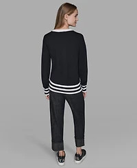 Karl Lagerfeld Paris Women's Crewneck Logo Striped Sweater