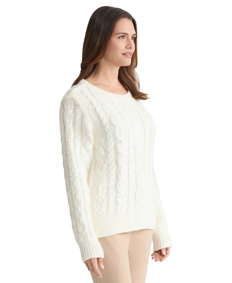 Jones New York Petite Sequin Cable Crew Neck Sweater