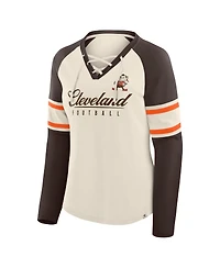 Fanatics Women's Cream/Brown Cleveland Browns Hometown Gridiron Hero Raglan Lace-Up V-Neck Long Sleeve T-Shirt