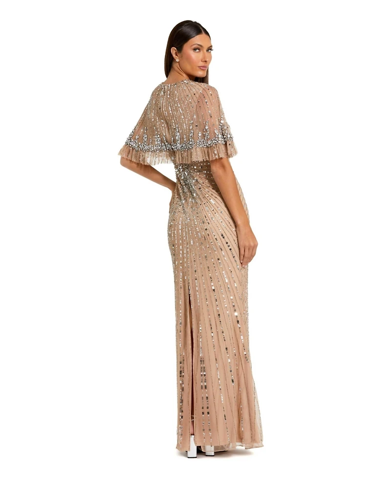 Mac Duggal Women's Fitted Beaded Mesh Gown With Capelet