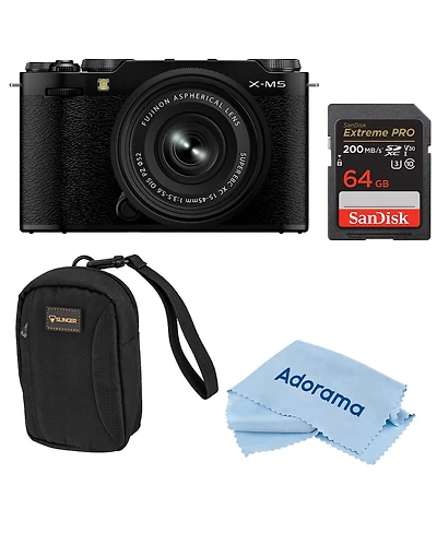Fujifilm X-M5 Mirrorless Camera with Xc 15-45mm f/3.5-5.6 Ois Pz Lens, Black, Bundle with 64GB Memory Card, Camera Case