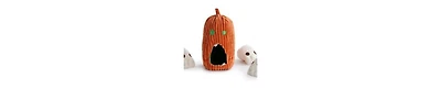 Nocciola 4 Packs Dog Toys, Spooky Pumpkin Burrow with 3 Squeaky Skulls,Hide and Seek Dog Toys