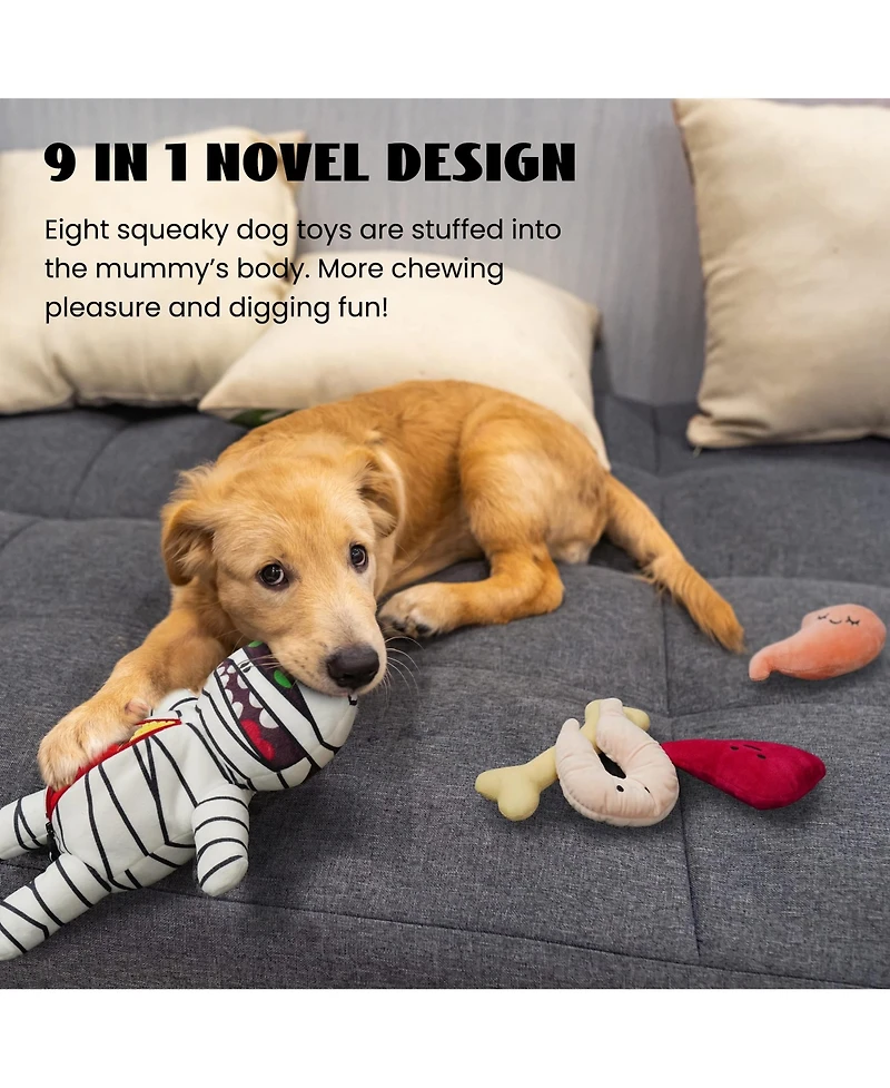 Nocciola 9-in-1 Zombie Plush Squeaky Dog Toys, Mummy Toys, Stimulating Puzzle Toy with 8 Organ-Shaped Plush Toys, Halloween gift, Stuffed Toys for Sma