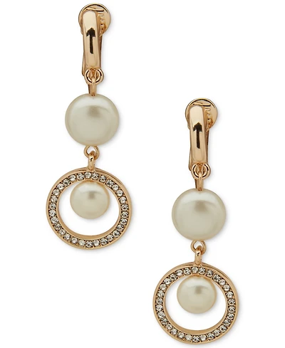 Anne Klein Imitation Pearl and Crystal Stone Gold-Tone Comfort Clip Linear Earrings