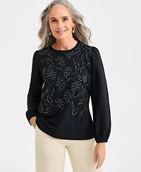 Style & Co Women's Embroidered Puff-Sleeve Knit Top, Macy's Exclusive