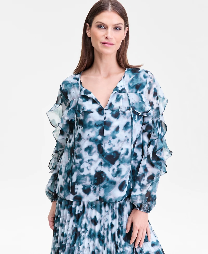 I.n.c. International Concepts Women's Printed Ruffle-Trim Split-Neck Blouse, Macy's Exclusive
