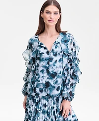 I.n.c. International Concepts Women's Printed Ruffle-Trim Split-Neck Blouse, Macy's Exclusive