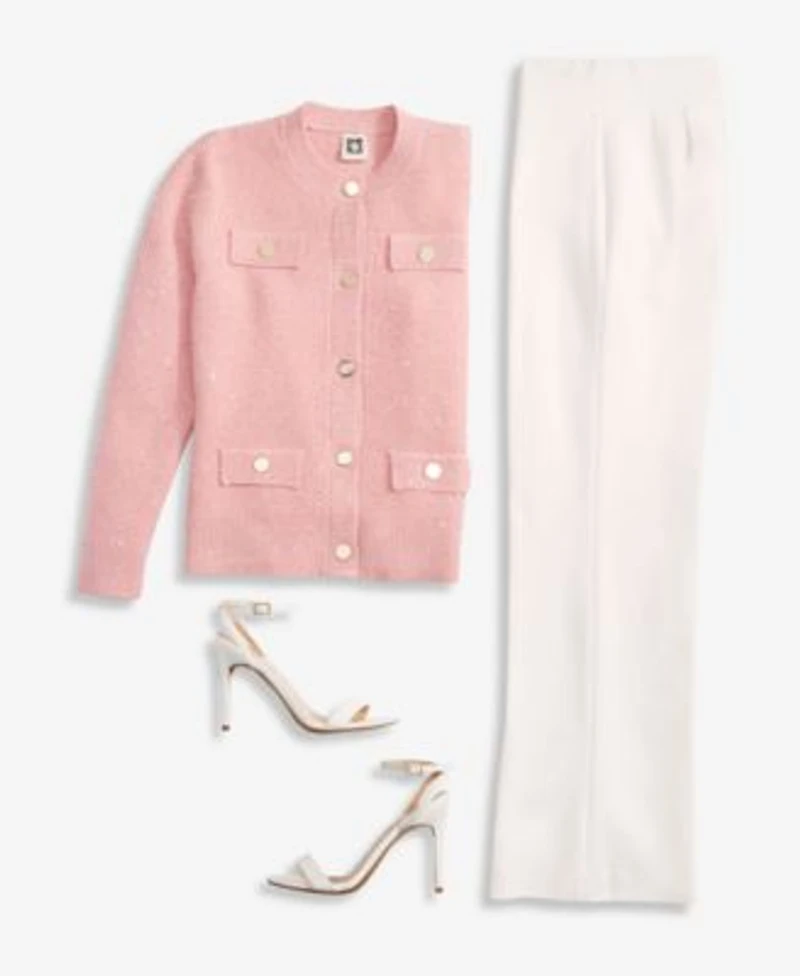 Anne Klein Womens Glitz Lady Crewneck Cardigan Mid Rise Wide Leg Pull On Pants