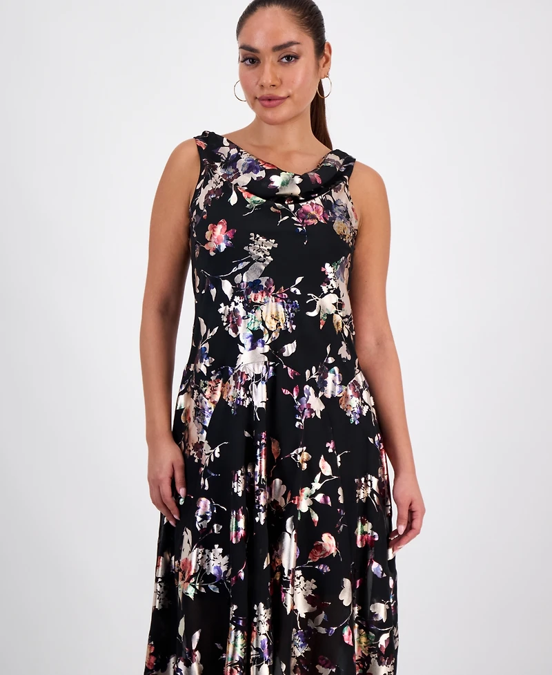 Robbie Bee Petite Foil-Print Cowlneck Midi Dress