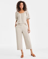 Charter Club Women's 100% Linen Cropped Scalloped-Hem Wide-Leg Pants, Macy's Exclusive