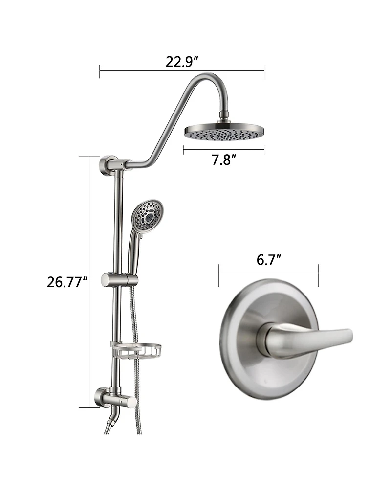 Rainsken Brushed Nickel Bathroom Shower Head and Handheld Showerhead Combo Shower System, 8 inch Top Shower and 5 Jets Handheld Shower