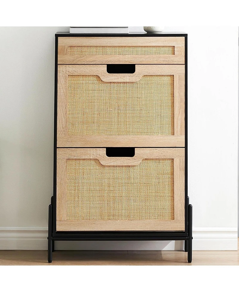 Shoe Storage Cabinet with 2 Flip Doors and Drawers, Rattan Shoe Organizer with Metal Legs and Adjustable Shelf, Freestanding Shoe Rack Cabinet