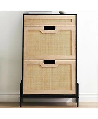 Shoe Storage Cabinet with 2 Flip Doors and Drawers, Rattan Shoe Organizer with Metal Legs and Adjustable Shelf, Freestanding Shoe Rack Cabinet