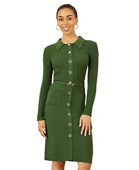 Yumi Women's Belted Rib Knit Midi Dress With Pockets
