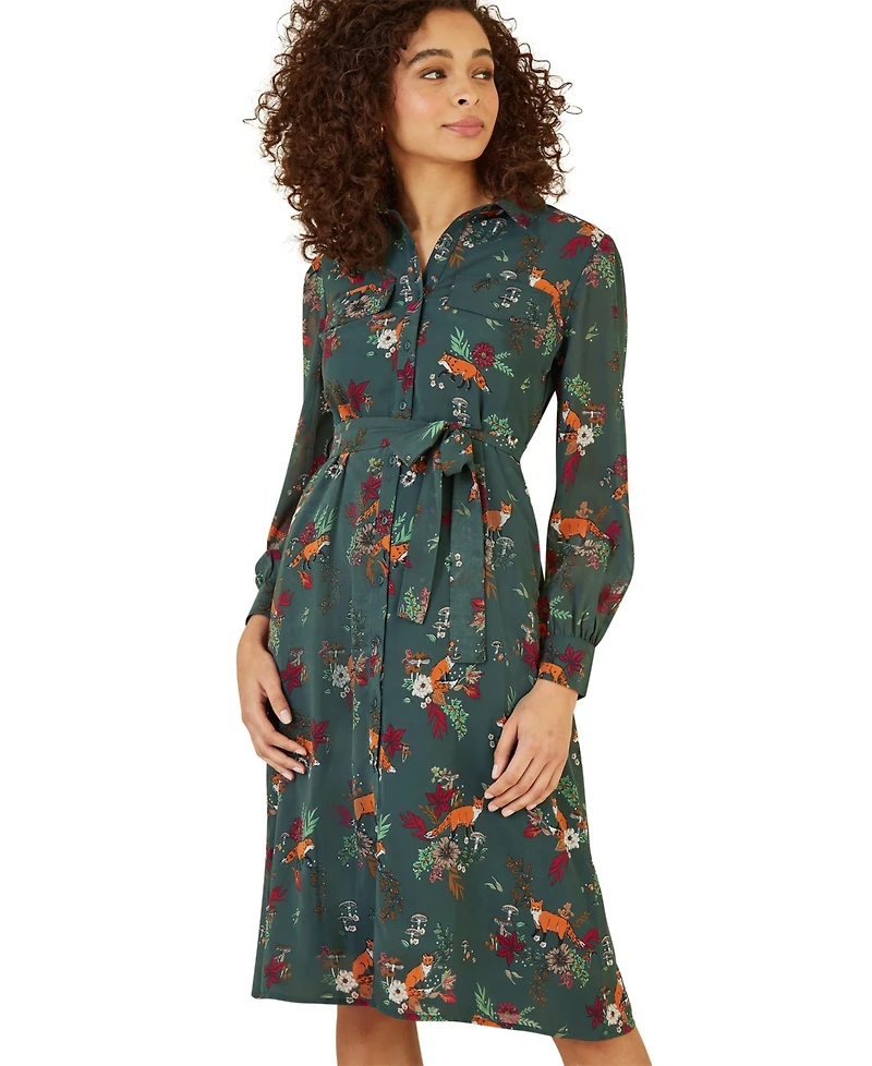 Yumi Women's Fox Print Shirt Midi Dress