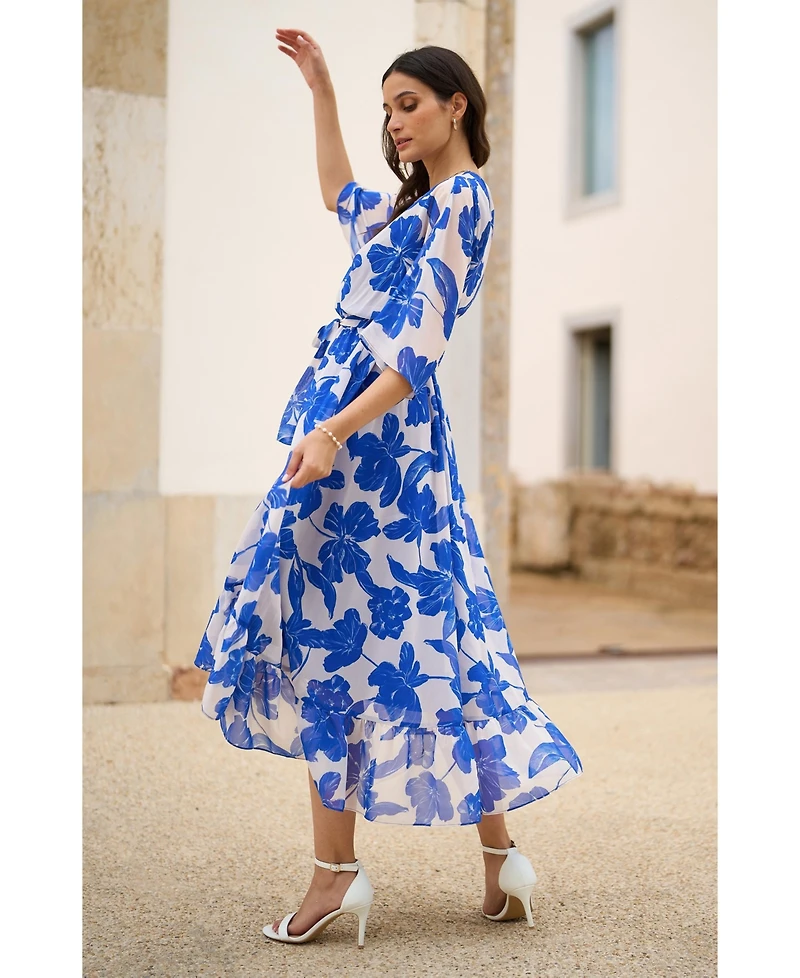 Yumi Women's Kimono Sleeves Midi Dip Hem Wrap Dress