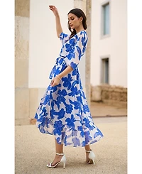 Yumi Women's Kimono Sleeves Midi Dip Hem Wrap Dress
