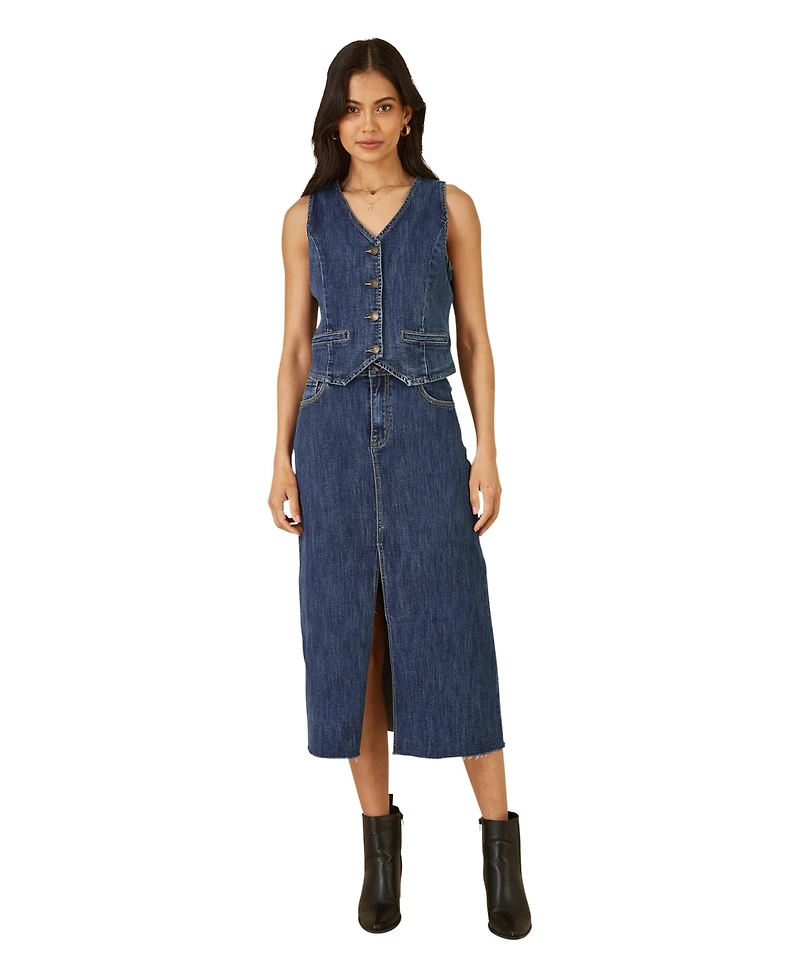 Yumi Women's Button Up Denim Stretch Waistcoat
