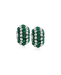 Bling Jewelry Set of 2 Green White Striped Crystal Bead Charm for European Bracelet Sterling Silver Core