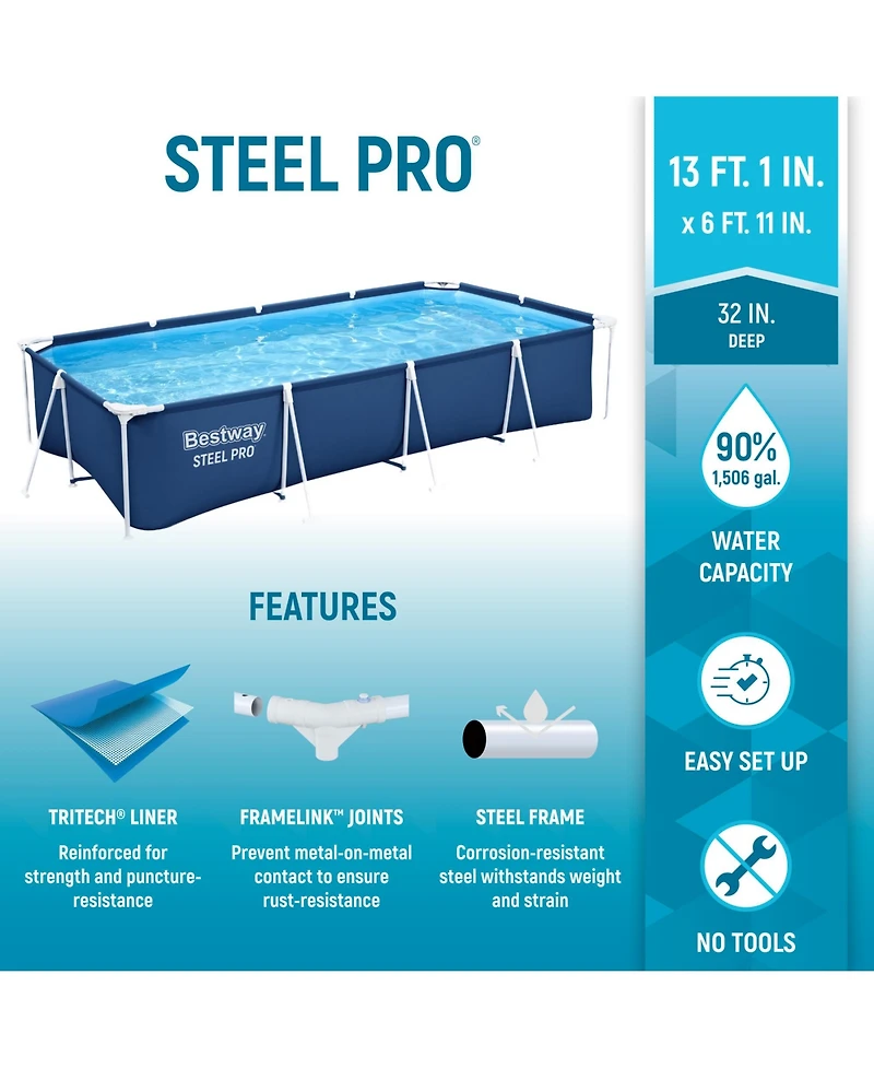 Bestway Steel Pro 13 Foot x 32 Inch Rectangular Above Ground Swimming Pool, Blue