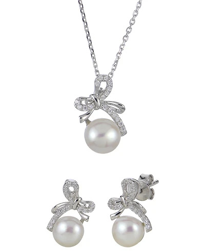 Macy's 2-Pc. Cultured Freshwater Pearl (7-8mm) and Lab Created White Sapphire Earring and Bow Pendant Necklace (0.309 ct. t.w.) Set in Sterling Silver