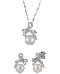 Macy's 2-Pc. Cultured Freshwater Pearl (7-8mm) and Lab Created White Sapphire Earring and Bow Pendant Necklace (0.309 ct. t.w.) Set in Sterling Silver